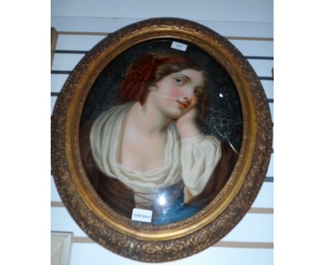 Oil on boardVictorian shoulder length portrait of young lady, oval, 35.5cm x 44cm (fading to background, restoration to middl