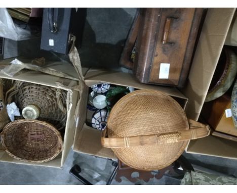 Various items including tapestry-topped footstool, barrel, paper mache basket, treadle sewing machine, wall mirror, leaf moul