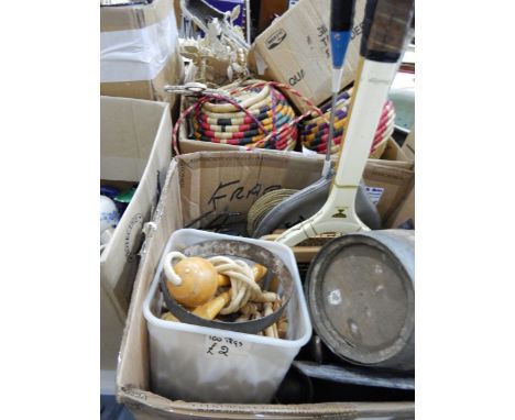 A quantity of vintage tennis racquets, two stoneware flagons, a large pottery jardiniere, two baskets and a quantity of other