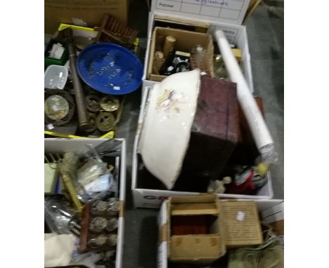 Various items including microscope, test tubes, ceramic figures, wooden boxes, etc. (3 boxes) 
