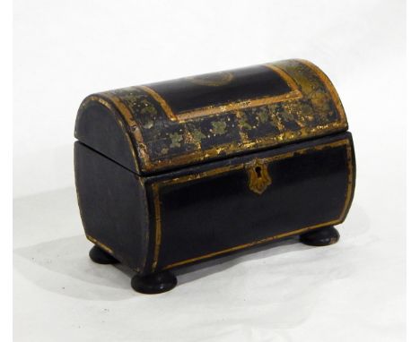 A 19th century papier mache tea caddy having domed top, with gilt and green painting, on bun feet 