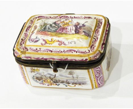 A Lille enamel trinket box painted with scene of 18th century figures holding musical instruments, mountain lake scenes to th