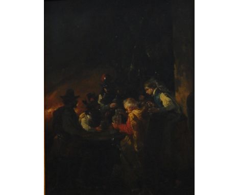 Continental school (19th century)Oil on board Soldiers playing cards at table with woman looking on, signed indistinctly "C M