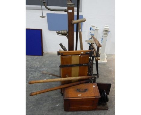 A Hobbies jigsaw, a Singer sewing machine in wooden carrying case and various other tools, etc. 