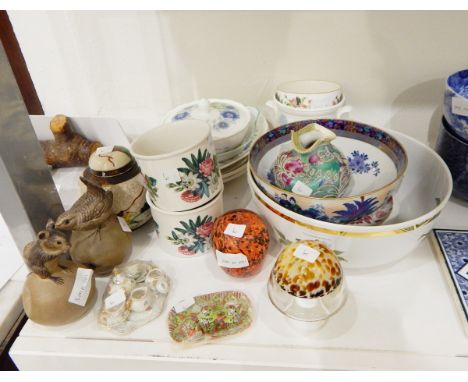 A large Royal Worcester 'Evesham' pattern bowl, a pair of Poole pottery ornaments of a mouse and a wren seated on apples, ite