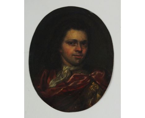 Circle of James Scoular (1741-1787)
Portrait of a gentleman, head and shoulders,
wearing period costume with a red cloak and
