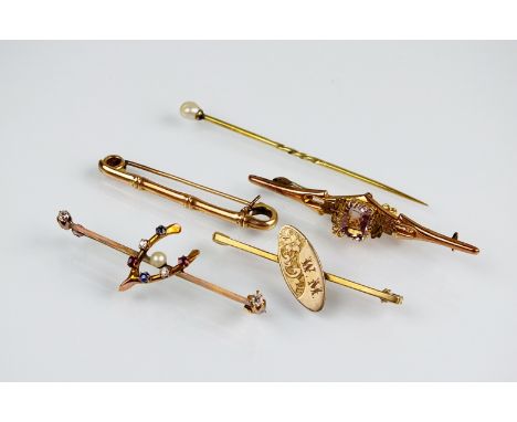 A diamond, ruby, sapphire and seed pearl set wishbone bar brooch. not stamped, together with a 9ct gold amethyst set bar broo