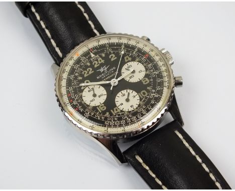 A Gentleman's Stainless Steel Breitling Cosmonaute Chronograph wristwatch, the black dial with three subsidiary dials, Bi-dir