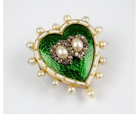A 19th century heart shaped enamel, diamond and seed pearl mourning brooch/pendant, designed as a central pair of split pearl