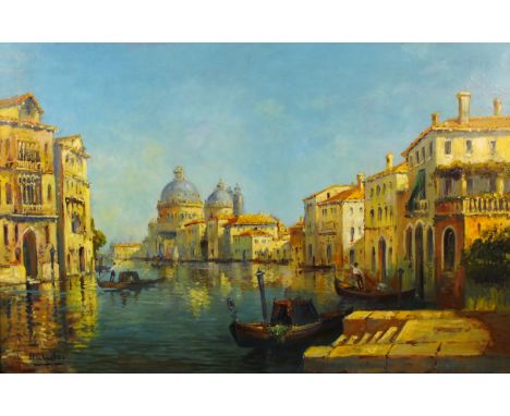 R**Balades (20th century)
The Grand Canal, Venice with figures in
gondolas beside buildings,
signed,
oil on canvas, 60 x 92 c