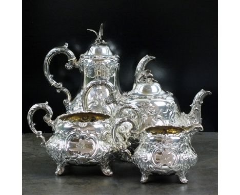 A Victorian four piece silver tea and coffee service, A B Savory & Sons, London 1855, each piece of baluster form with emboss