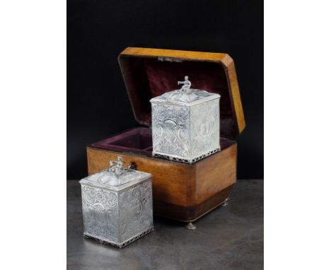 A pair of mid-late 18th century silver tea caddies, Edward Darvill, London, circa 1760, each of rectangular form with floral 