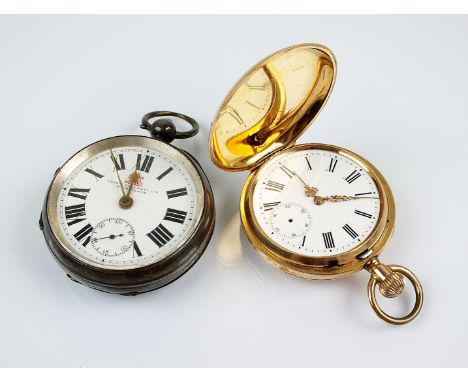 A Gentleman's yellow metal full hunter pocket watch, the case stamped '14k', the gilt keyless movement not signed, the inner 