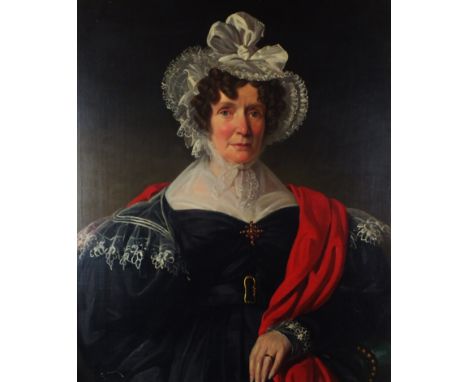 English School (19th century )
Portrait of Mrs Mary Parr (nee Eyre)
wearing a blue dress, lace trimmed bonnet and red sash, i