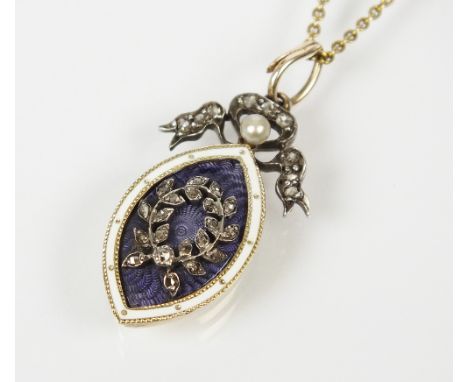 An early 20th century diamond, enamel and seed pearl pendant, designed as a purple navette shaped enamel plaque with white en