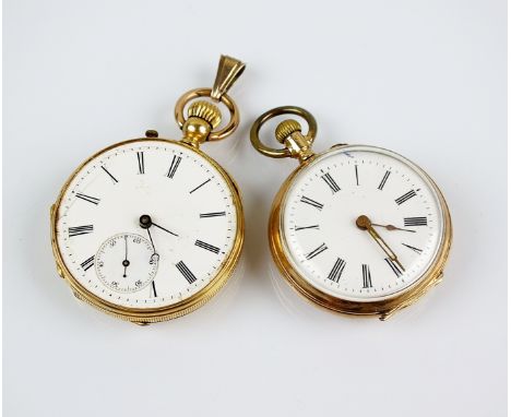 A lady's yellow metal cased open-faced fob watch, the white enamel dial with black Roman numerals and subsidiary seconds dial