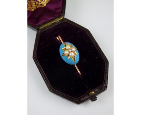 A Victorian enamel, diamond and split pearl bar brooch, designed as a central rose cut diamond within a surround of four spli