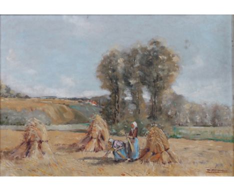 Zink, R. Bayreuth 20. Jh."Landschaft mit Garben". Rechts u. signiert. Öl/Hartfaser. H: 35 x 49,5 cm. Rahmen H: 24 x 57 cm.