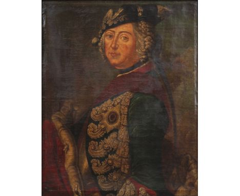 Deutsch, 18. Jh.Nach Antoine Pesne. Portrait Friedrich der Große nach links gewandt. Öl/Lwd. Rest. H: 78 x 64 cm.