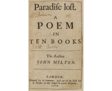 Milton (John) Paradise Lost, first edition, 7th title-page with 1669 imprint, with no comma after Helder, and with "Angel" in