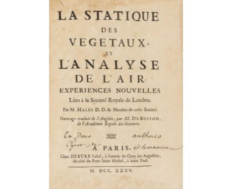 Hales (Stephen) La statique des végétaux, et l'analyse de l'air, translated by G.L.L. de Buffon, first edition in French, pre
