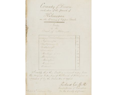 Ireland.- Co. Down.- Valuation of the Parish of Saul [&] Kilmegan, 2 vol., manuscript, together 128pp. excluding blanks, prin