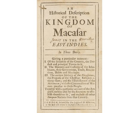 Asia.- [Nicolas (Gervaise)] An Historical Description of the Kingdom of Macasar, first English edition, contemporary ink sign