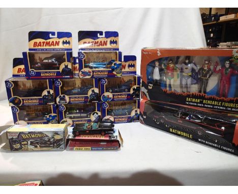 Selection of Batman related items including Corgi D.C comics Batmobiles, Batman bendable figures with Batmobiles also include