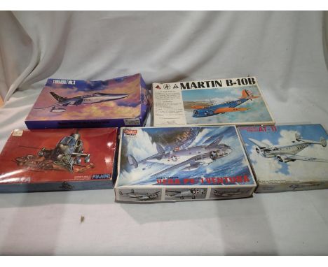 Five 1/72 scale aircraft kits comprising; Tornado MK3, Martin B-10B, Sea Cobra, Vega Ventura, Beechcraft Kansan, appear compl