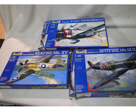Three Revell kits; Spitfire MK1 X C/XVI, Seafire MKXV and Thunderbolt P-47D. UK P&amp;P Group 1 (£16+VAT for the first lot an