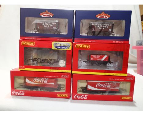 Six OO scale wagons, comprising Hornby Vent van with sound (code 9), two Coca-Cola, two Fleetwood Salt, and Pilkington Glass,