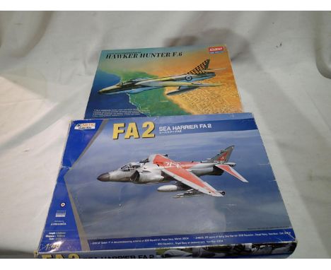 Two aircraft kits; Academy Hawker Hunter F.6 and Kinetic Sea Harrier FA2. UK P&amp;P Group 1 (£16+VAT for the first lot and £