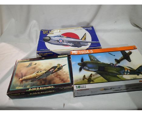 Three Eduard kits; Airacobra P-39Q, BAC Lightning MK1A/MK2 and FW 190A-5. UK P&amp;P Group 1 (£16+VAT for the first lot and £