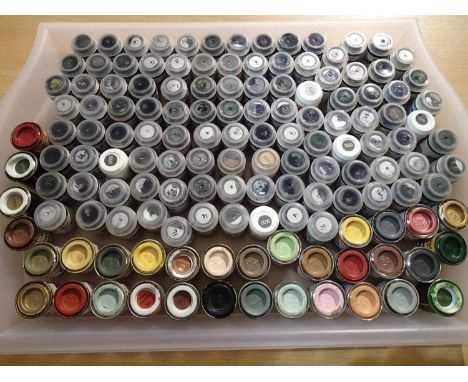 One hundred tinlets/jars of Humbrol acrylic and enamel paints, ideal for modelling/scenery etc. UK P&amp;P Group 2 (£20+VAT f