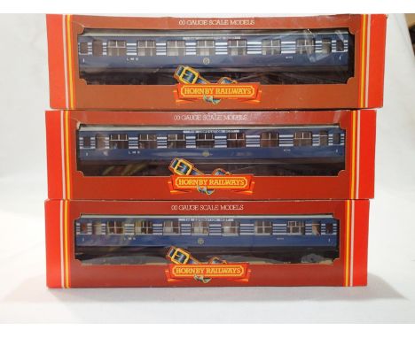 Three OO scale Hornby R422 blue/silver Coronation Scot 1st class coaches, excellent condition, boxes good. UK P&amp;P Group 1