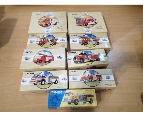 Nine Corgi classic fire engines; 52001, 97395, 97326, 97358, 98450, 97353, 97355, 97385, 97353, mostly in excellent condition