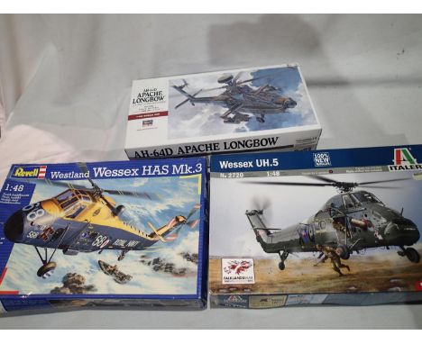 Three helicopter kits; Hasegawa, Apache Longbow A.H 64D, Italeria Wessex UH5 and Revell Wessex HAS MK3. UK P&amp;P Group 1 (£
