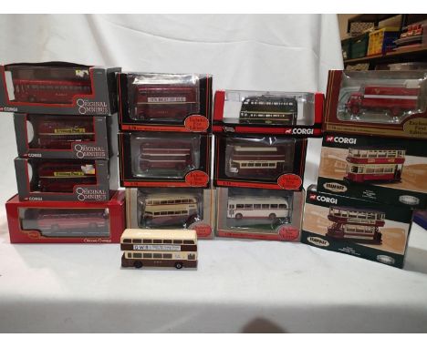 Twelve boxed buses and trams, Corgi, OOC, EFE plus one unboxed bus and EFE Bedford TK van, buses mostly related to Northwest 