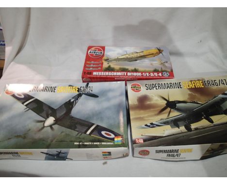 Three Airfix kits; Messerschmitt BF109E, Spitfire F22/24 and Seafire FR46/47. UK P&amp;P Group 1 (£16+VAT for the first lot a