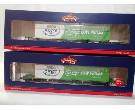 OO scale Bachmann 37-303 intermodal bogie wagon twin pack, with Asda 45ft containers, near mint, storage wear to box. UK P&am