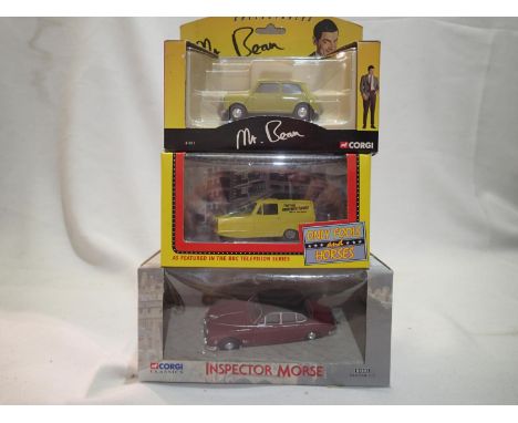 Three Corgi T.V related vehicles, Inspector Mouse Jaguar 2.4, Mr Bean Mini and Only Fools and Horses Reliant Van, excellent c