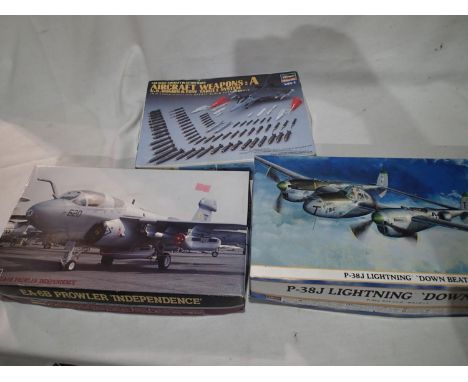 Three Hasegawa kits; Lightning P-38J Down Beat, EA-6B Prowler Independence and aircraft weapons, US bombs and tow target syst