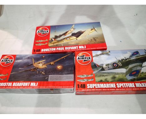 Three Airfix kits; Boulton Paul Defiant MK1, Spitfire MKXII and Bristol Beaufort MK1 (1/72 scale). UK P&amp;P Group 1 (£16+VA