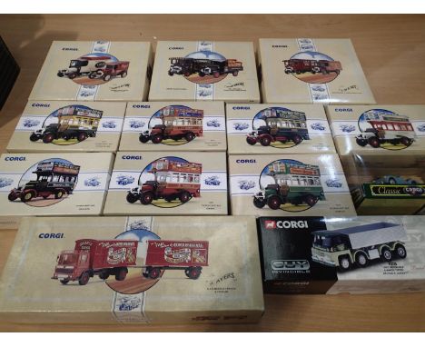 Thirteen Corgi classic vehicles, including three two van sets, Whitbread, Terrys and LMS, seven Thornycroft buses, J. Ayers- 