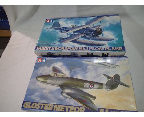 Two Tamiya kits; Gloster Meteor F1 and Fairey Swordfish MK1. UK P&amp;P Group 1 (£16+VAT for the first lot and £2+VAT for sub