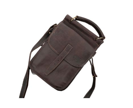 A FRENCH DARK BROWN LEATHER SHOULDER BAGwith ammunition compartments 27cm long; and two leather pistol holsters, 34cm and 26c