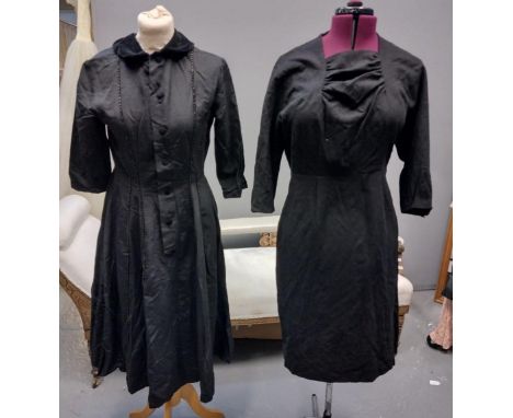 Two black 1940's-60's vintage dresses; one with beaded detail in faille fabric with velvet collar and 3/4 length sleeves with