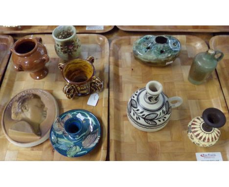 Two trays of Art Pottery: tulip decorated Gwili Pottery candlestick, Devon pottery abstract pot pourri bowl, Crochenwaith Kin