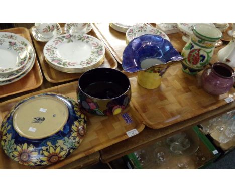 Two trays with ceramic vases and bowls: hand painted 'Sanora' Falcon ware vase, florally decorated, Spongeware vase in purple