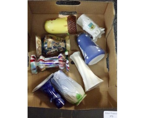 Box of eight vintage china hatpin stands: crested ware, Japanese, Murano style, Jasperware, embossed leaf etc.   (8)(B.P. 21%